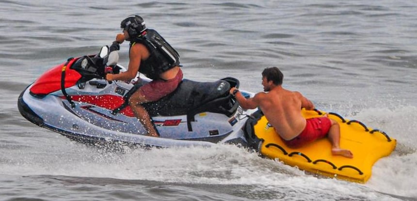 Eliot Fisher operating a rescue watercraft, East Hampton Ocean Rescue.