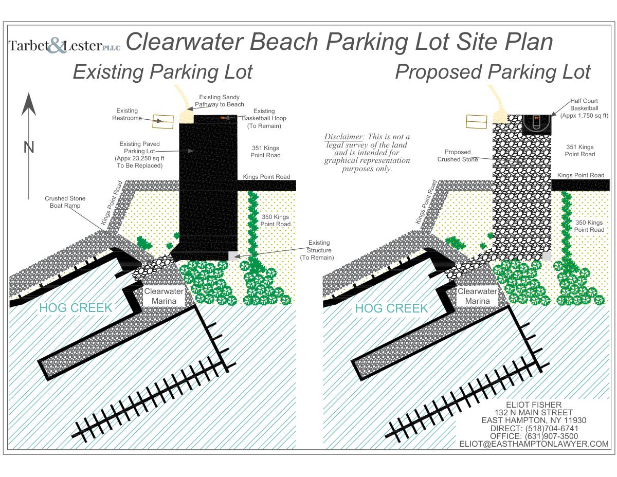 Clearwater Beach parking lot CAD site plan: existing asphalt lot beside the proposed permeable crushed-stone design
